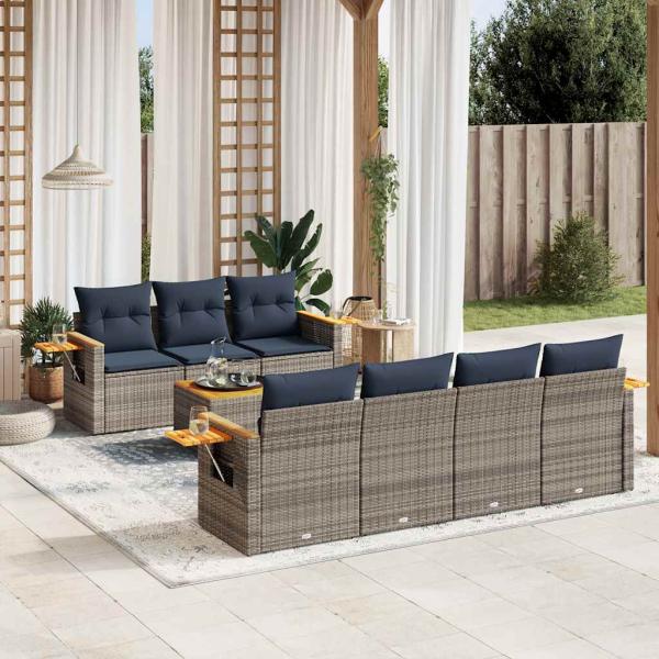 ARDEBO.de - 8-tlg. Garten-Sofagarnitur mit Kissen Grau Poly Rattan
