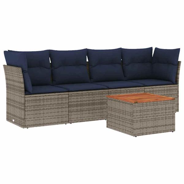 5-tlg. Garten-Sofagarnitur mit Kissen Grau Poly Rattan