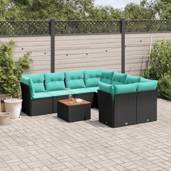 ARDEBO.de - 9-tlg. Garten-Sofagarnitur mit Kissen Schwarz Poly Rattan