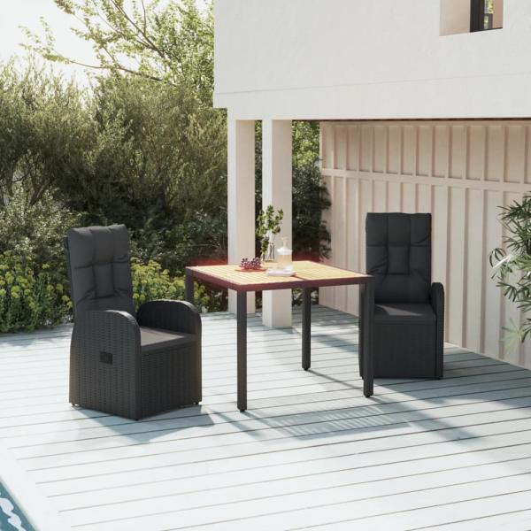 ARDEBO.de - 3-tlg. Garten-Essgruppe mit Kissen Schwarz Poly Rattan