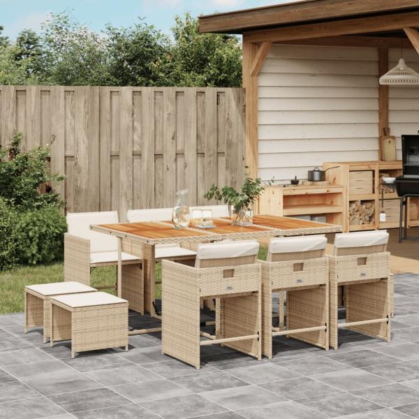 ARDEBO.de - 11-tlg. Garten-Essgruppe mit Kissen Beige Poly Rattan