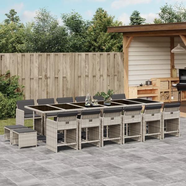 ARDEBO.de - 17-tlg. Garten-Essgruppe mit Kissen Hellgrau Poly Rattan