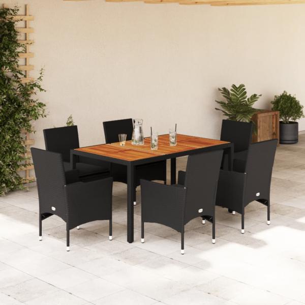ARDEBO.de - 7-tlg. Garten-Essgruppe mit Kissen Schwarz Poly Rattan Akazie