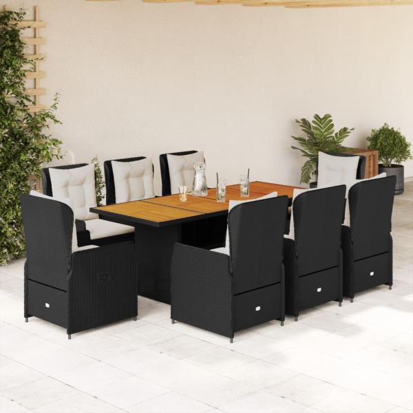 ARDEBO.de - 9-tlg. Garten-Essgruppe mit Kissen Schwarz Poly Rattan