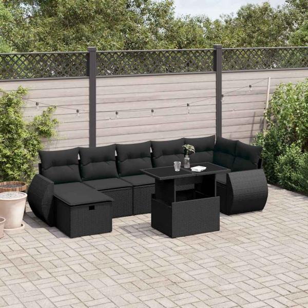 ARDEBO.de - 8-tlg. Garten-Sofagarnitur mit Kissen Schwarz Poly Rattan