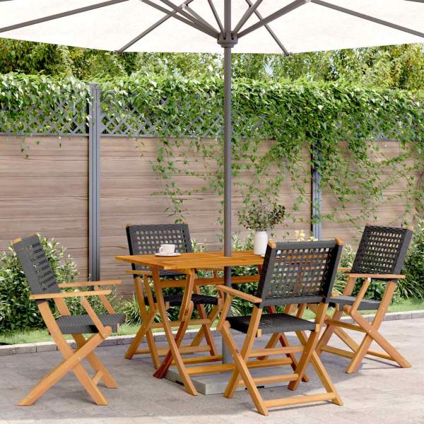 ARDEBO.de - 5-tlg. Garten-Essgruppe Schwarz Poly Rattan und Massivholz
