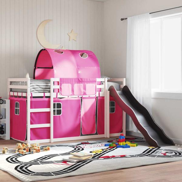 ARDEBO.de - Etagenbett mit Rutsche und Gardinen Rosa 90x200 cm