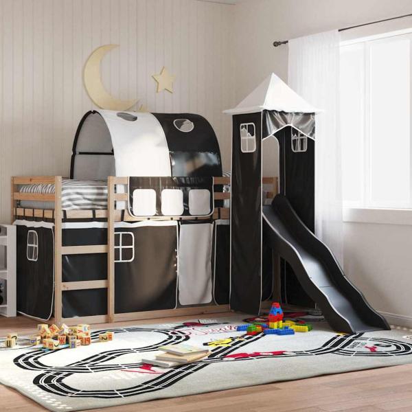 ARDEBO.de - Etagenbett mit Rutsche und Gardinen Weiß und Schwarz 80x200 cm