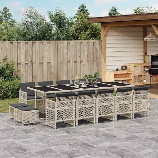 ARDEBO.de - 15-tlg. Garten-Essgruppe mit Kissen Hellgrau Poly Rattan