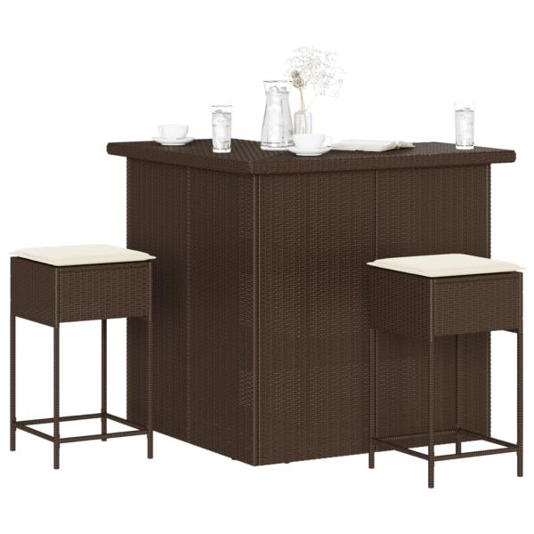 ARDEBO.de - 3-tlg. Gartenbar-Set mit Kissen Braun Poly Rattan