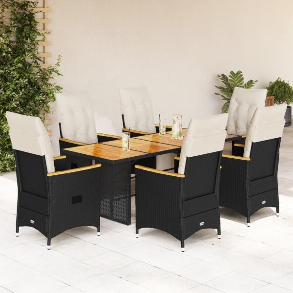 ARDEBO.de - 7-tlg. Garten-Bistro-Set mit Kissen Schwarz Poly Rattan