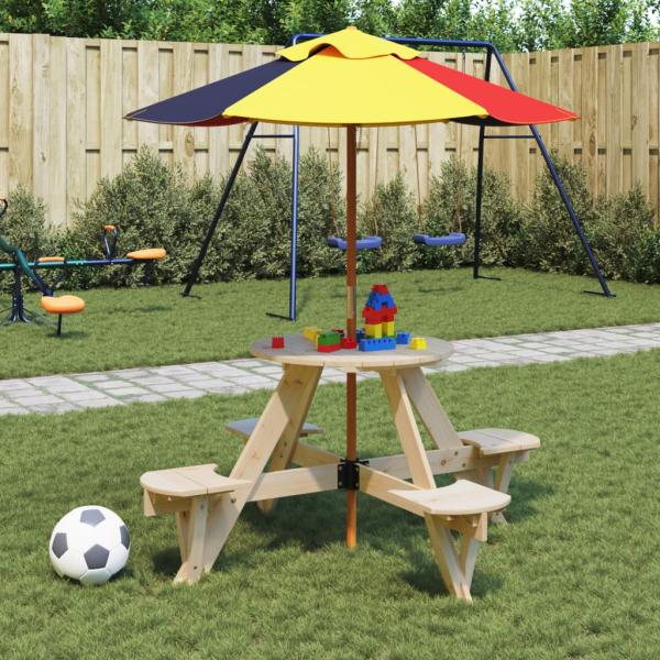 ARDEBO.de - Picknicktisch für 4 Kinder mit Sonnenschirm Rund Tannenholz
