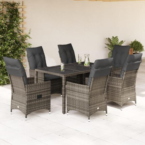 ARDEBO.de - 7-tlg. Garten-Essgruppe mit Kissen Grau Poly Rattan