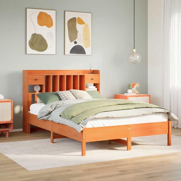 ARDEBO.de - Massivholzbett mit Regal ohne Matratze Wachsbraun 160x200 cm