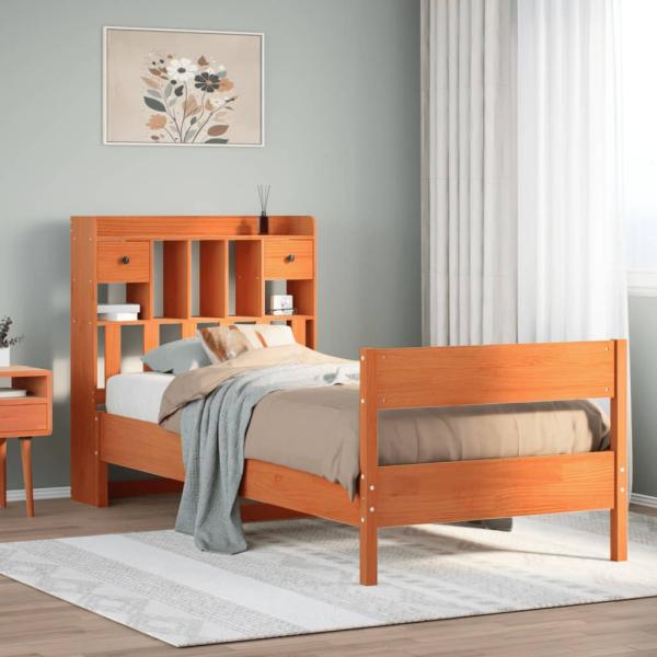ARDEBO.de - Massivholzbett mit Regal ohne Matratze Wachsbraun 75x190 cm