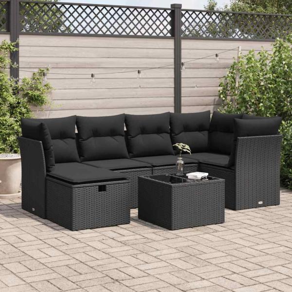 ARDEBO.de - 7-tlg. Garten-Sofagarnitur mit Kissen Schwarz Poly Rattan