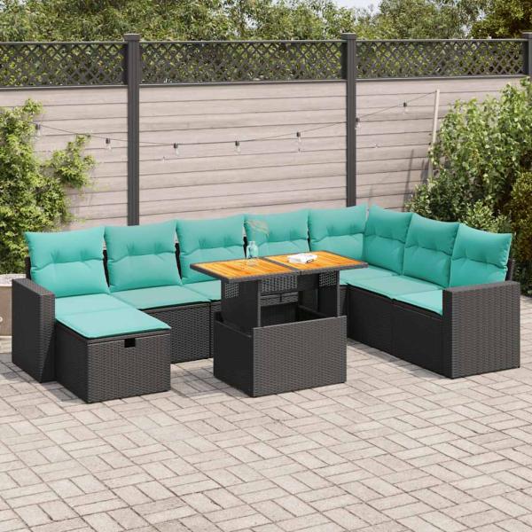 ARDEBO.de - 9-tlg. Garten-Sofagarnitur mit Kissen Schwarz Poly Rattan