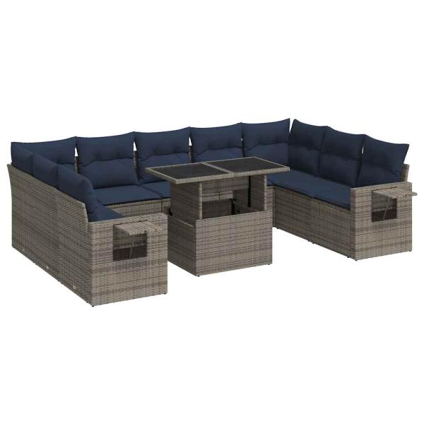 10-tlg. Garten-Sofagarnitur mit Kissen Grau Poly Rattan Akazie