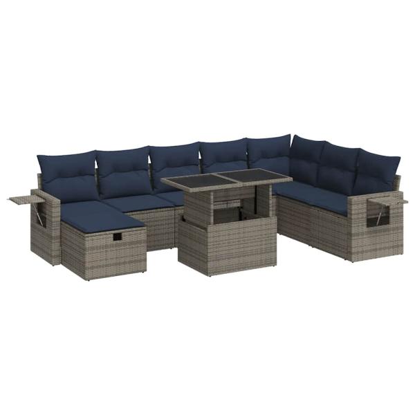 9-tlg. Garten-Sofagarnitur mit Kissen Grau Poly Rattan Akazie