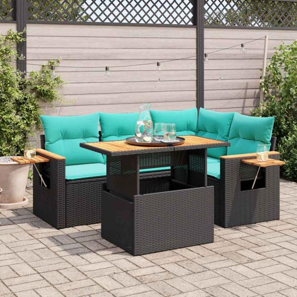 ARDEBO.de - 5tlg. Garten-Sofagarnitur mit Kissen Schwarz Poly Rattan Akazie