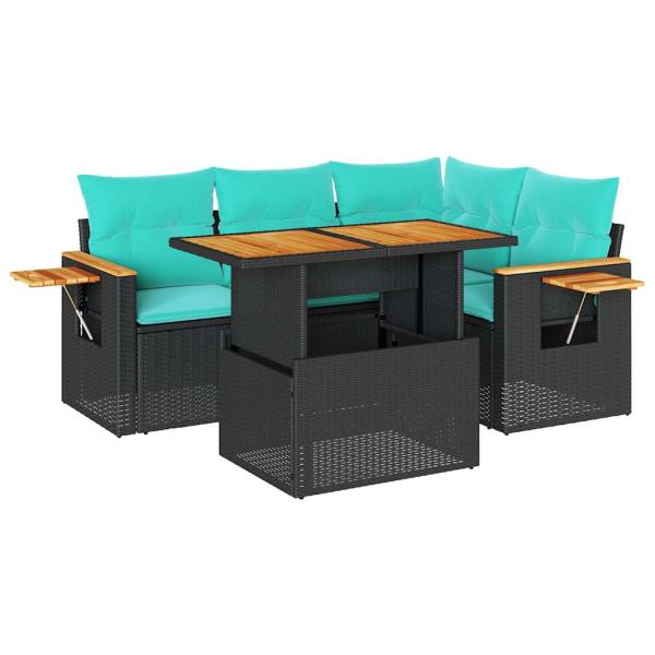 5tlg. Garten-Sofagarnitur mit Kissen Schwarz Poly Rattan Akazie