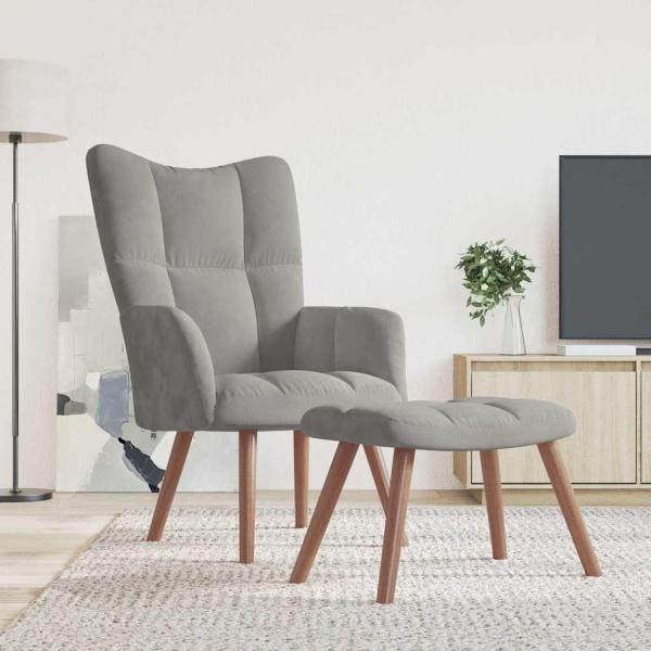 ARDEBO.de - Relaxsessel mit Hocker Hellgrau Samt