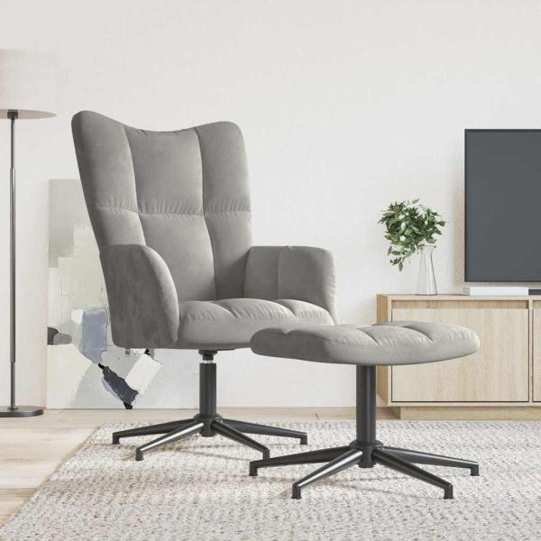 ARDEBO.de - Relaxsessel mit Hocker Hellgrau Samt