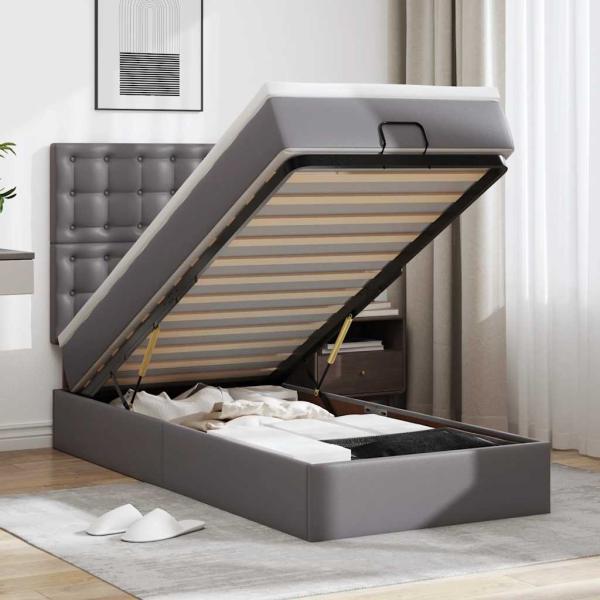 ARDEBO.de - Ottoman-Bett mit Matratze Grau 90x190 cm Kunstleder