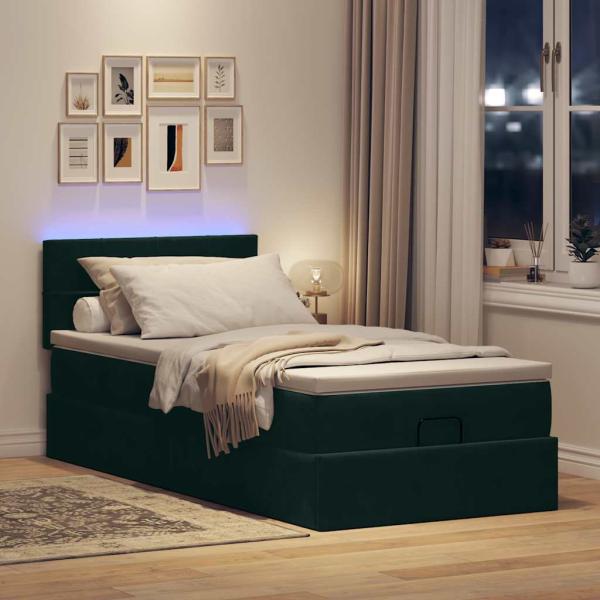 Ottomane Bett mit Matratze & LEDs Dunkelgrün 80x200 cm Samt