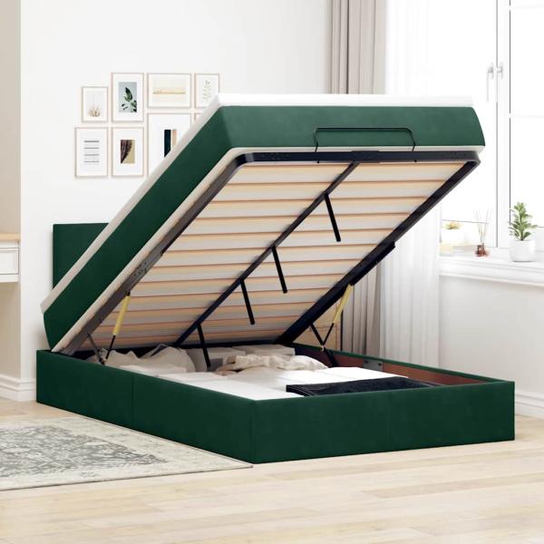 ARDEBO.de - Ottomane Bett mit Matratze & LEDs Dunkelgrün 120x190 cm Samt