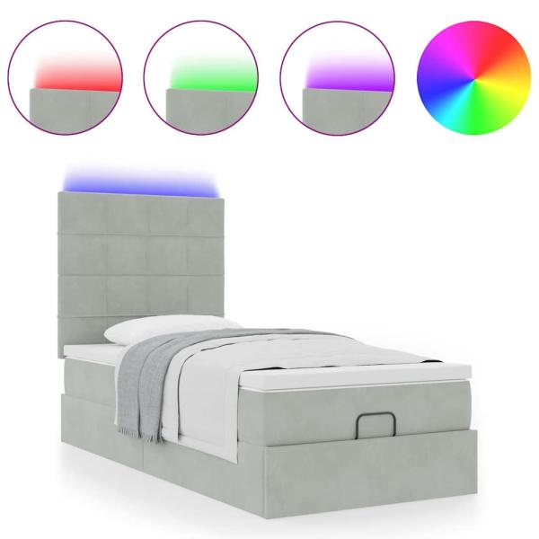 Ottoman-Bett mit Matratzen & LEDs Hellgrau 90x190 cm Samt