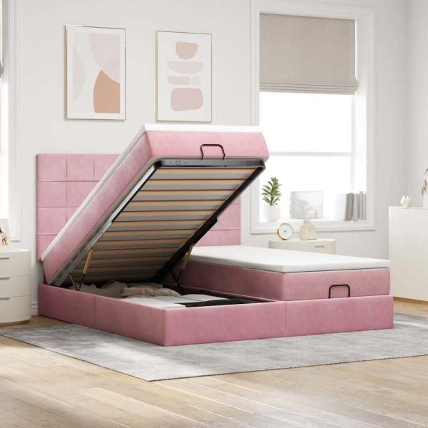 ARDEBO.de - Ottoman-Bett mit Matratzen & LEDs Rosa 160x200 cm Samt