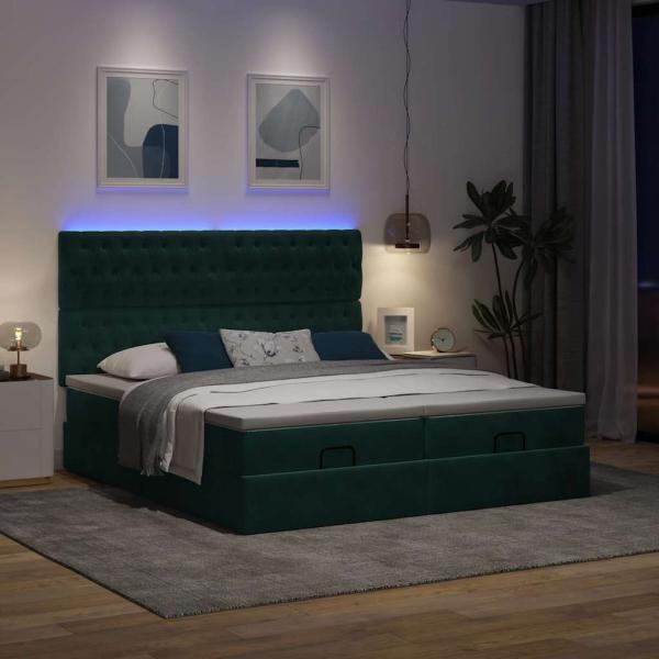 Ottoman-Bett mit Matratzen & LEDs Dunkelgrün 160x200 cm Samt