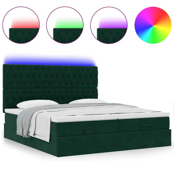 Ottoman-Bett mit Matratzen & LEDs Dunkelgrün 160x200 cm Samt