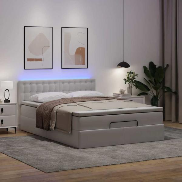 Ottoman-Bett mit Matratzen & LEDs Reinweiß 140x190cm Kunstleder