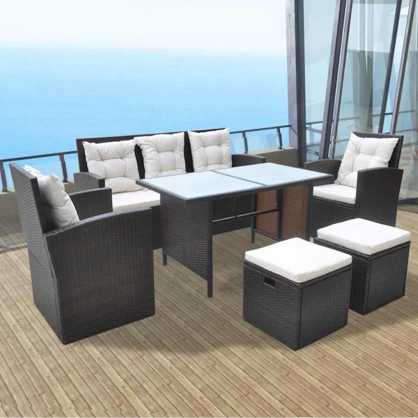 ARDEBO.de - 6-tlg. Garten-Essgruppe mit Kissen Poly Rattan Braun