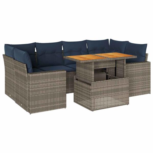 7-tlg. Garten-Sofagarnitur mit Kissen Grau Poly Rattan