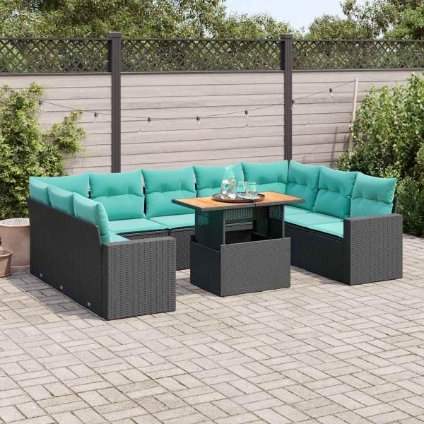 ARDEBO.de - 10-tlg. Garten-Sofagarnitur mit Kissen Schwarz Poly Rattan