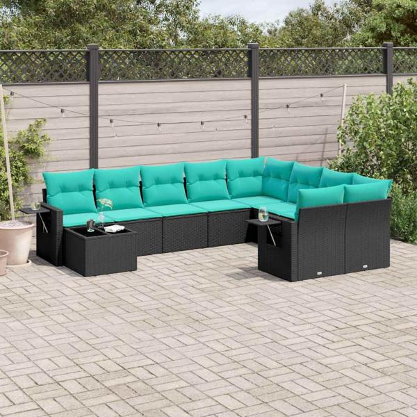 ARDEBO.de - 10-teiliges Gartensofa-Set mit Kissen, schwarzes Polyrattan
