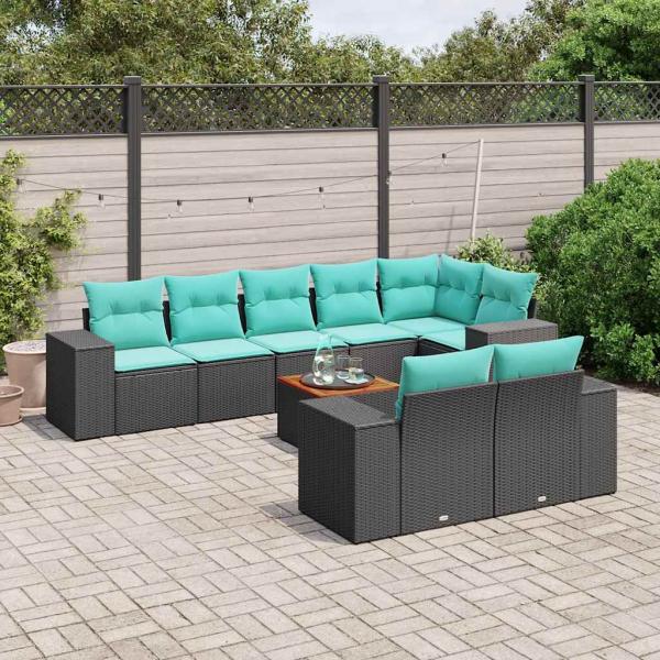 ARDEBO.de - 9-teiliges Gartensofa-Set mit Kissen, schwarzes Polyrattan