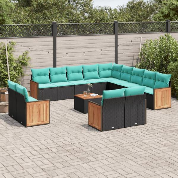 ARDEBO.de - 14-teiliges Gartensofa-Set mit Kissen, schwarzes Polyrattan