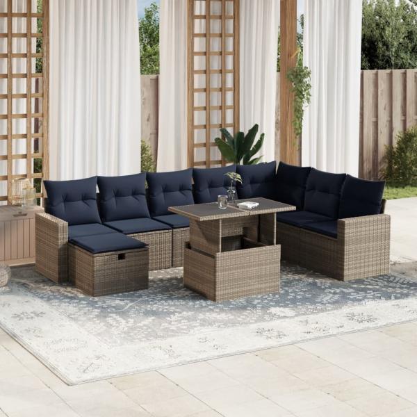 ARDEBO.de - 9-teiliges Gartensofa-Set mit Kissen, grau, Polyrattan