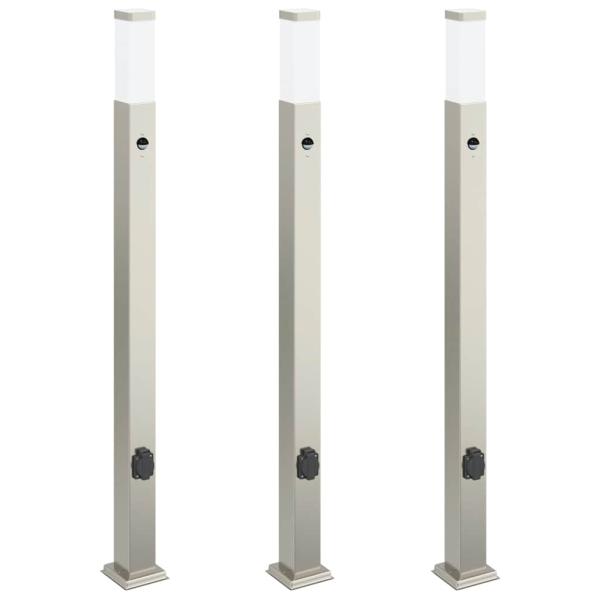 Pollerleuchten mit Sensor&Steckdose 3 Stk. 110 cm Edelstahl IP44