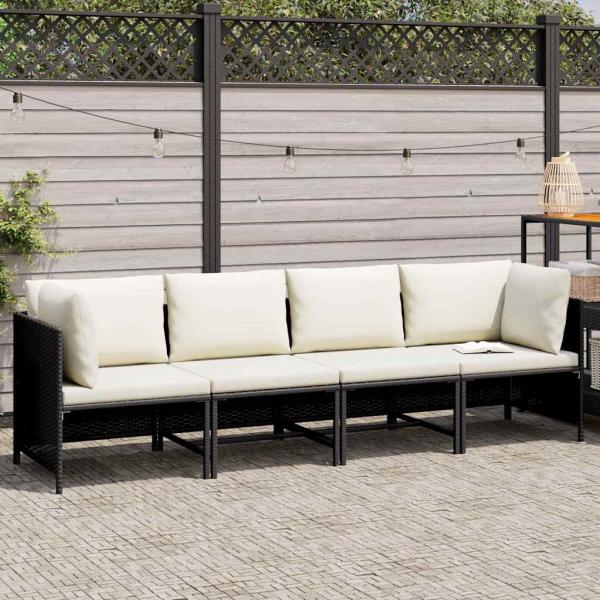 4-Sitzer-Gartensofa mit Auflagen Schwarz Poly Rattan
