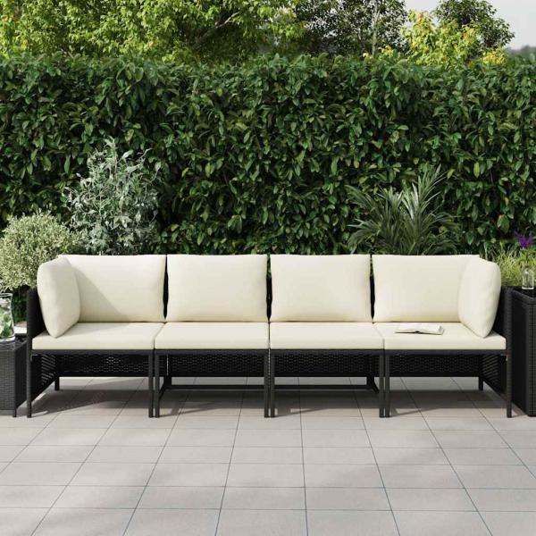 4-Sitzer-Gartensofa mit Auflagen Schwarz Poly Rattan