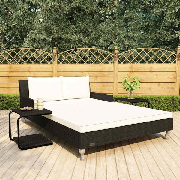 ARDEBO.de - 2-Personen-Sonnenliege mit Auflagen Poly Rattan Schwarz