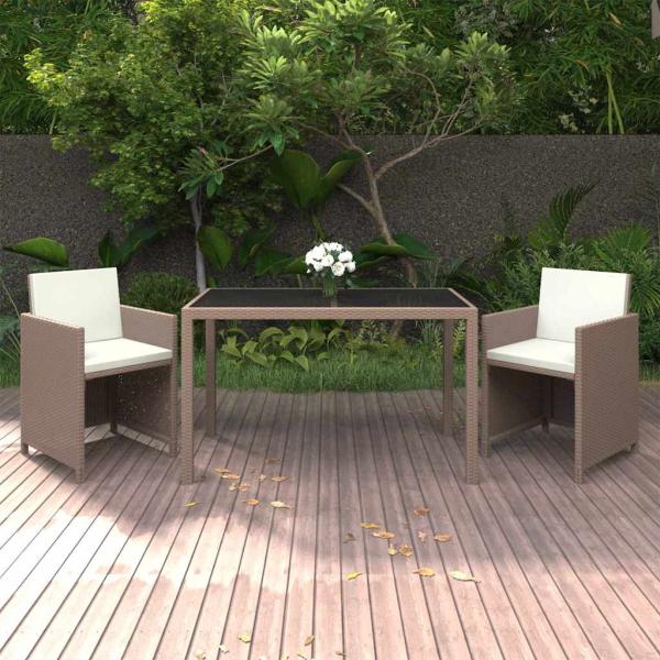 ARDEBO.de - 3-tlg. Garten-Essgruppe mit Kissen Poly Rattan Beige