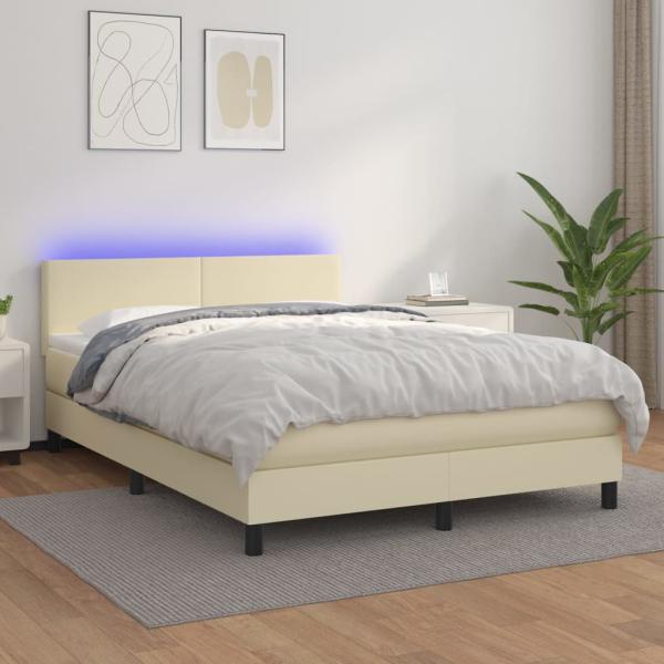 ARDEBO.de - Boxspringbett mit Matratze & LED Creme 140x190 cm Kunstleder