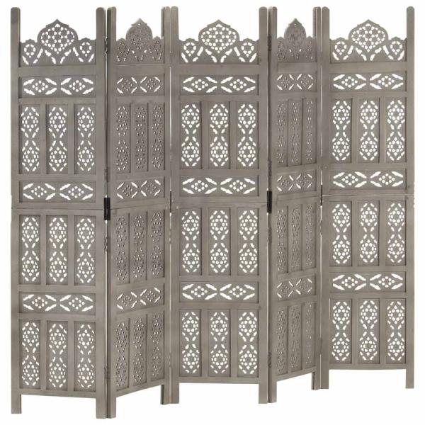 ARDEBO.de - 5tlg. Raumteiler Handgeschnitzt Grau 200×165cm Mango Massivholz