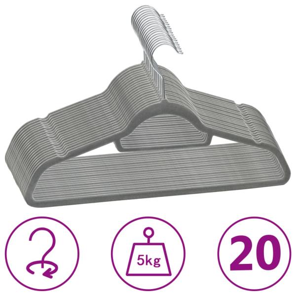 ARDEBO.de - 20 Stk. Kleiderbügel-Set Anti-Rutsch Grau Samt